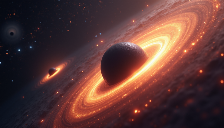 High angle view of three supermassive black holes merging in deep space