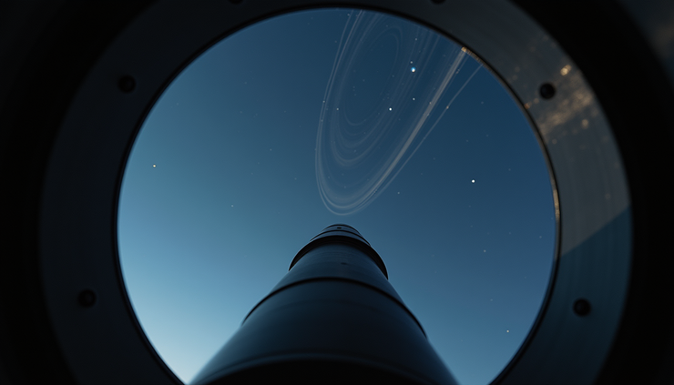 Eye-level view of a telescope observing a distant star system with irregular planet orbits