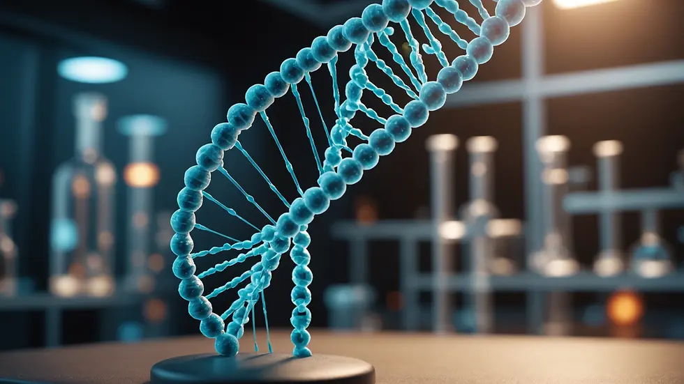 Eye-level view of a DNA double helix model in a lab environment