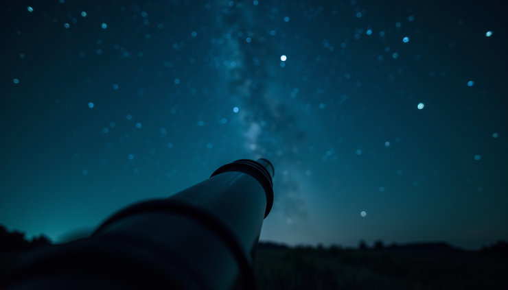 Eye-level view of a telescope pointing towards a dark sky filled with stars