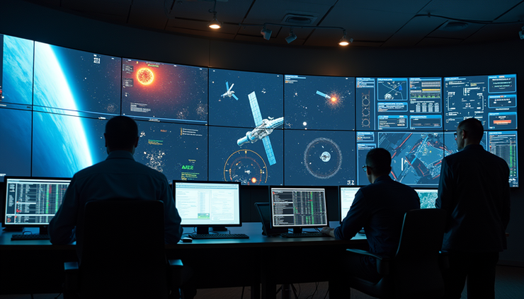 Eye-level view of a satellite control center with screens showing solar activity data