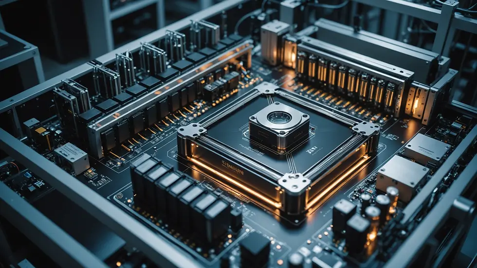 High angle view of a quantum computer setup in a research facility