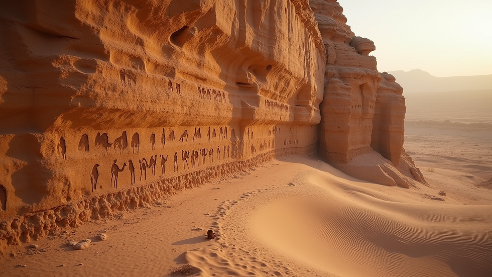 High angle view of ancient camel engravings on a cliff face