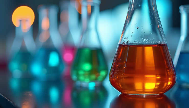 Close-up view of a chemical reaction in a laboratory flask showing colorful liquid layers