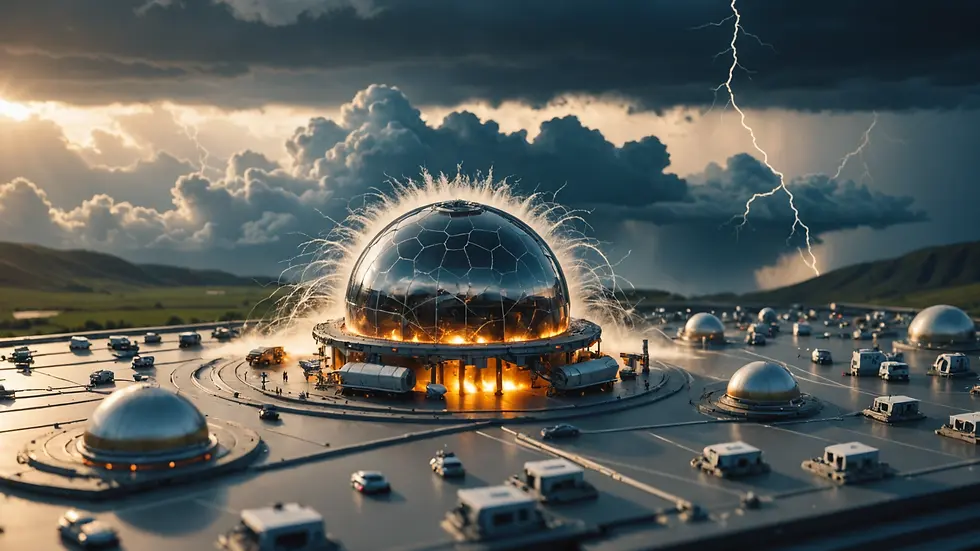 Eye level view of engineering models depicting storm modification concepts