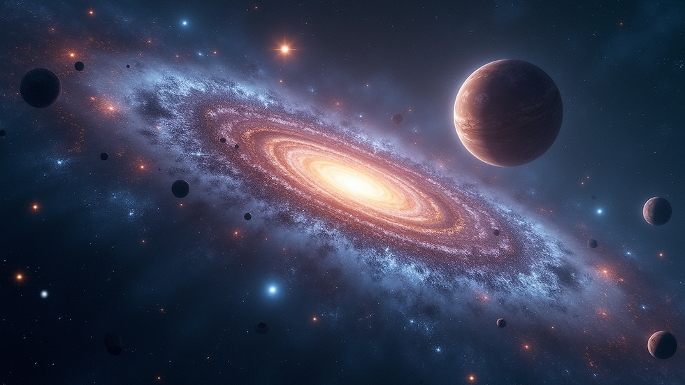 High angle view of a cosmic landscape with multiple galaxies