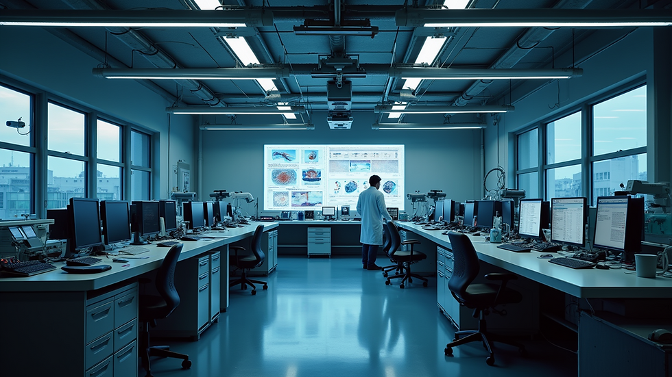 Eye-level view of a research lab with astronomers analyzing data