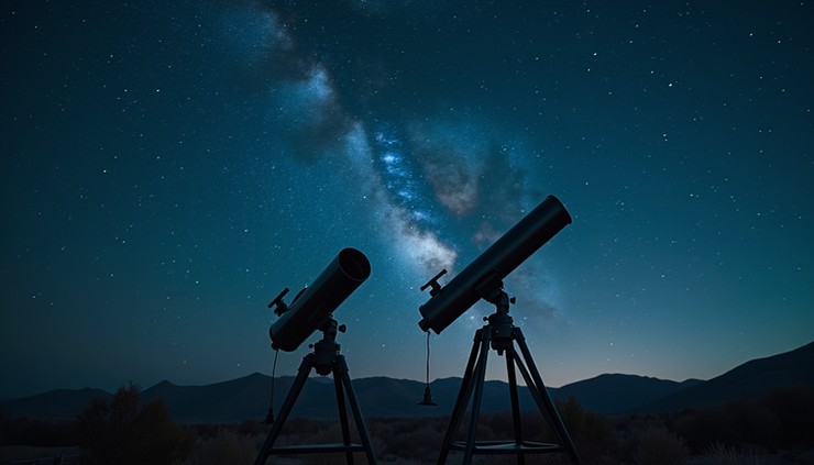 Eye-level view of a large telescope pointed at the night sky filled with stars