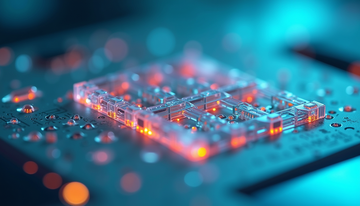 Close-up view of a chemical reaction in a microfluidic chip used for computing