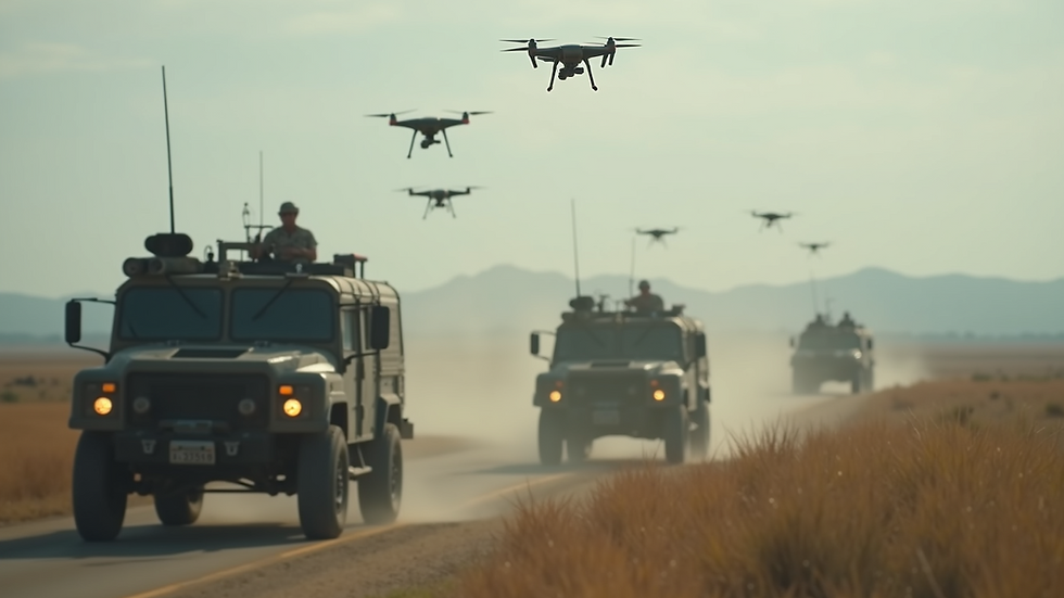 Wide angle view of a military operation with drones in the background