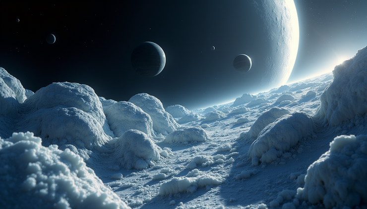 High angle view of icy Kuiper Belt objects clustered in a distant solar system region