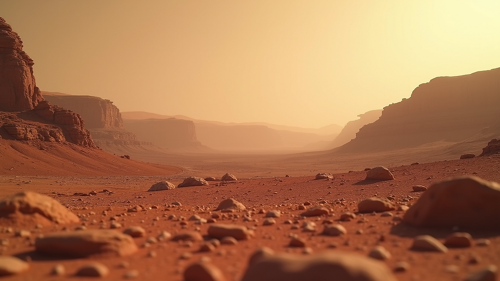 Eye-level view of Martian landscape with potential microbial habitats