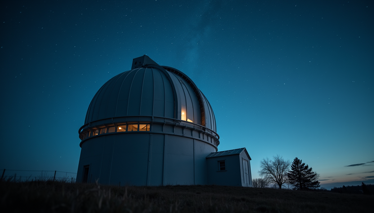 Eye-level view of a large telescope dome under a clear night sky