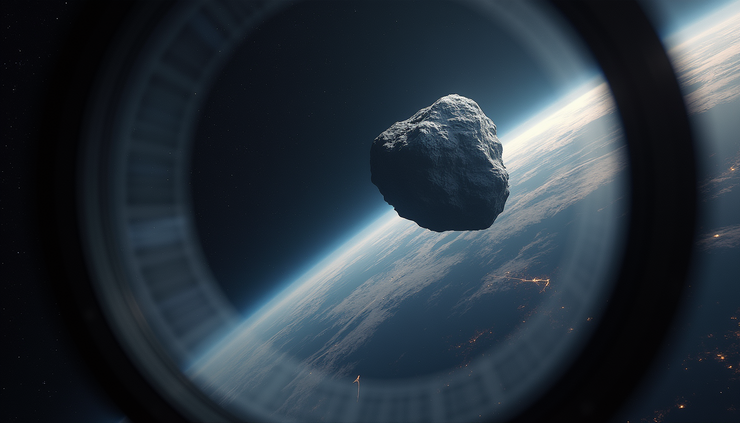 Eye-level view of a space telescope observing an asteroid in space