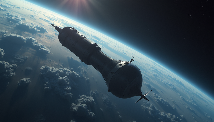 High angle view of a futuristic space-based gravitational wave observatory concept