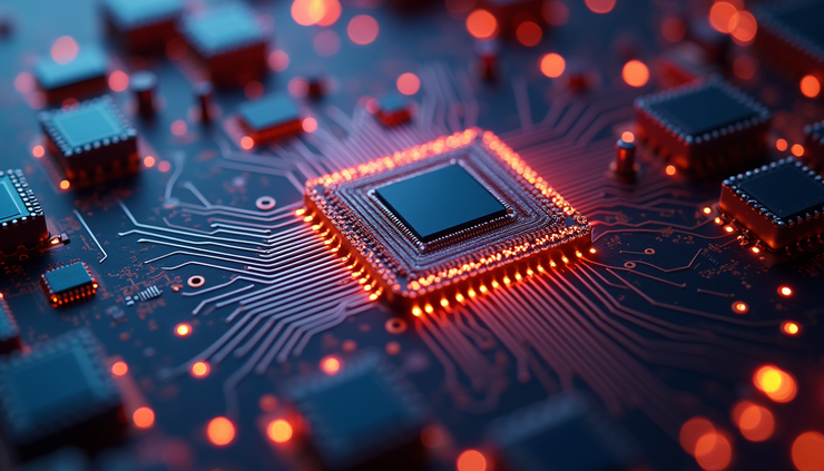 Close-up view of a quantum computer chip with glowing circuits