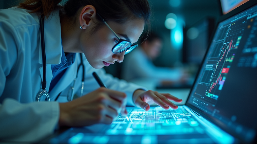 Eye-level view of a researcher analyzing data from a quantum device