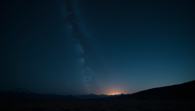 Wide angle view of a dark starry sky with faint galaxies