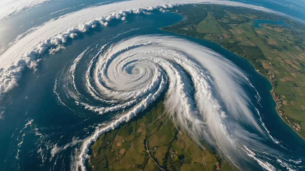 High angle view of a hurricane approaching the land
