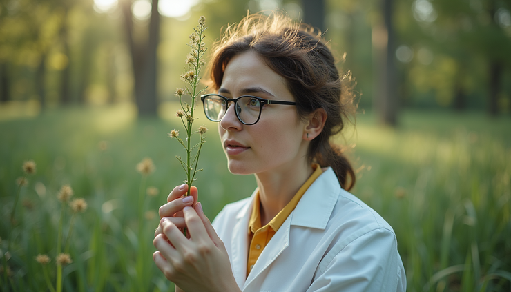 Eye-level view of a scientist with autism studying plant species in a natural reserve