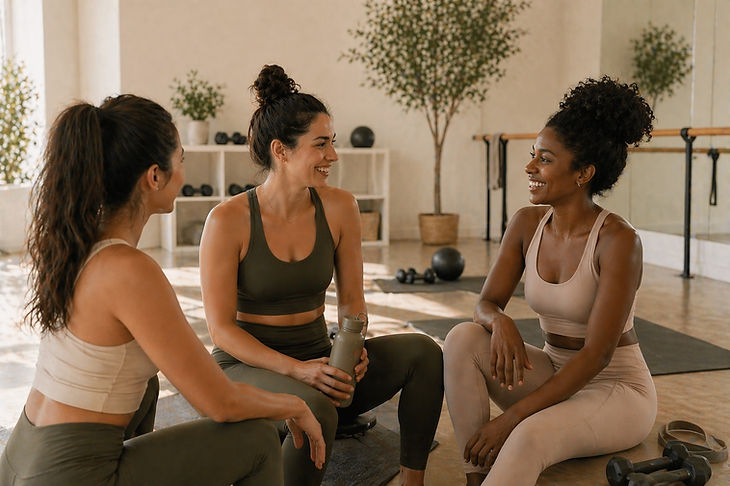 A group of women talking during a break of a sculpt workout