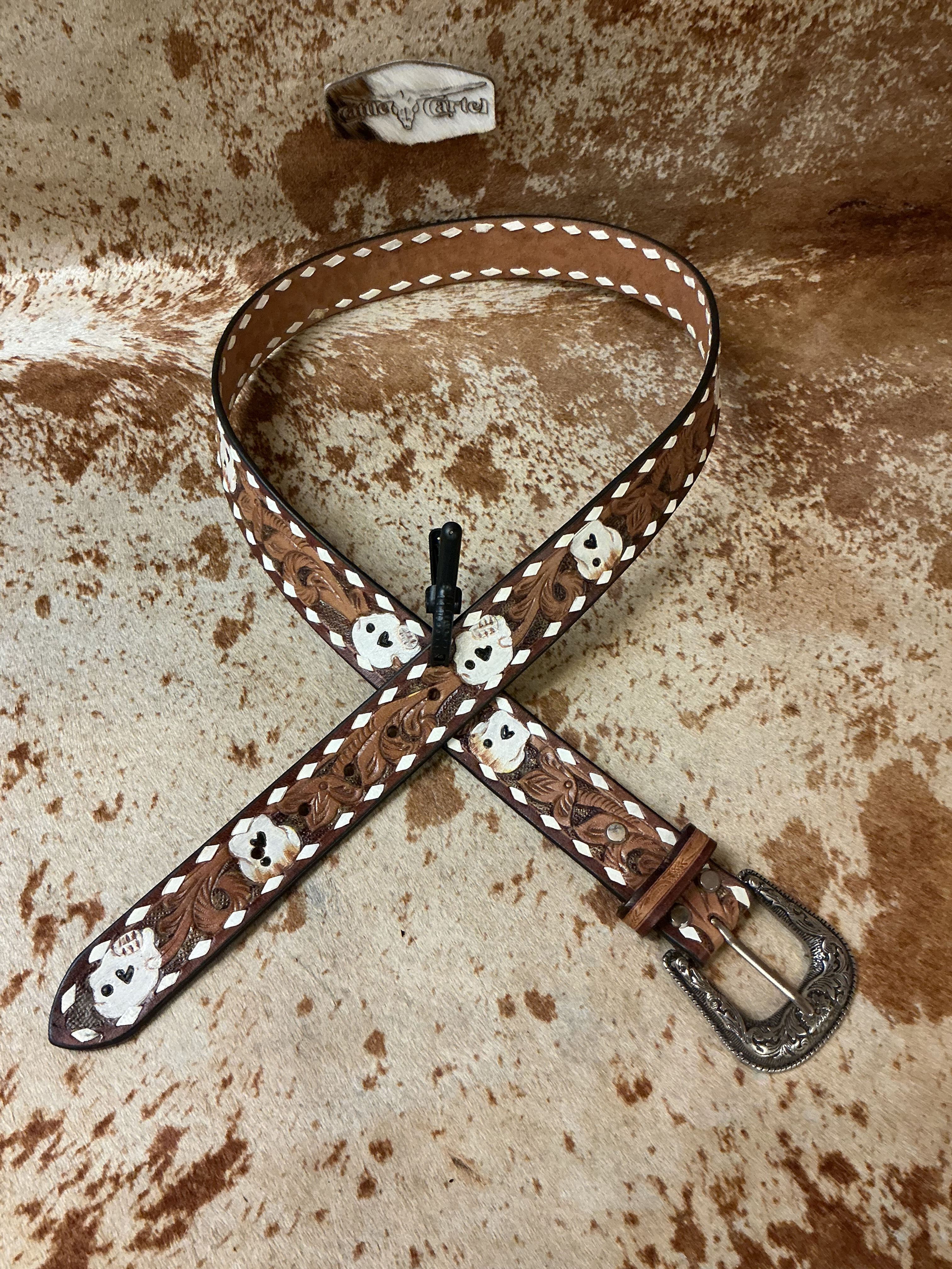 Belt, Hand Painted Sugar Skull & Vine