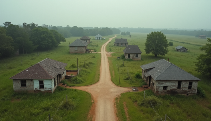 High angle view of dilapidated houses and overgrown fields in Lowndes County