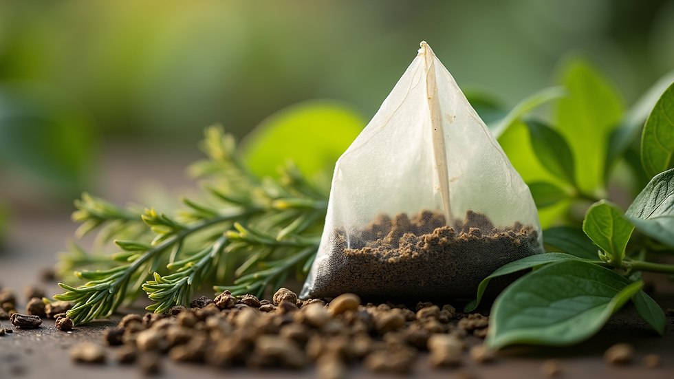 Eye-level view of an organic tea bag surrounded by fresh herbs