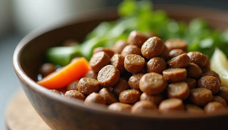 Close-up view of a bowl of dry dog food with fresh vegetables and broth added