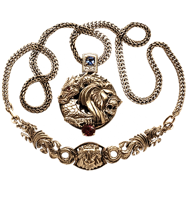 exclusive jewelry for men, unique jewelry, dance lion and dragon, sapphires, rubies, handwork, engraving, jeweler Igor Orlov