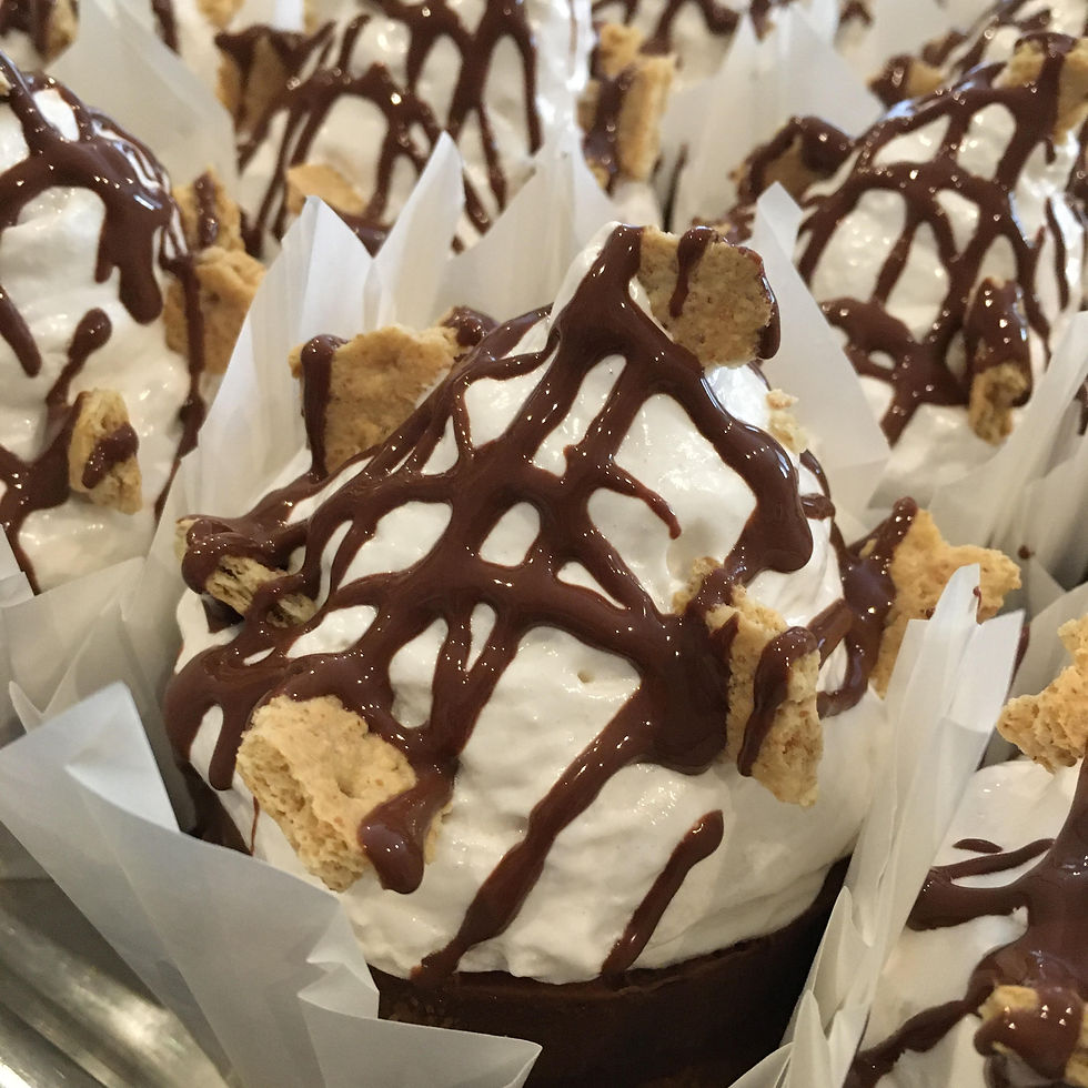 A chocolate drizzled S'more cheesecake with pillowy marshmallow and gram cracker bits.