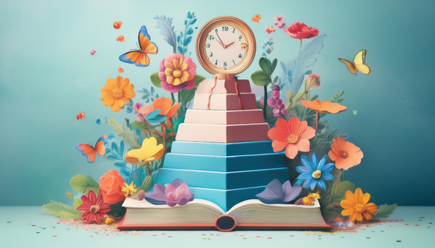 Ilustração 3D de uma pirâmide colorida com um relógio no topo, flores vibrantes e borboletas ao redor, emergindo de um livro aberto. A imagem simboliza os fatores que influenciam os custos da Terapia ABA, como tempo, conhecimento especializado e benefícios para o desenvolvimento individual, em um fundo azul pastel