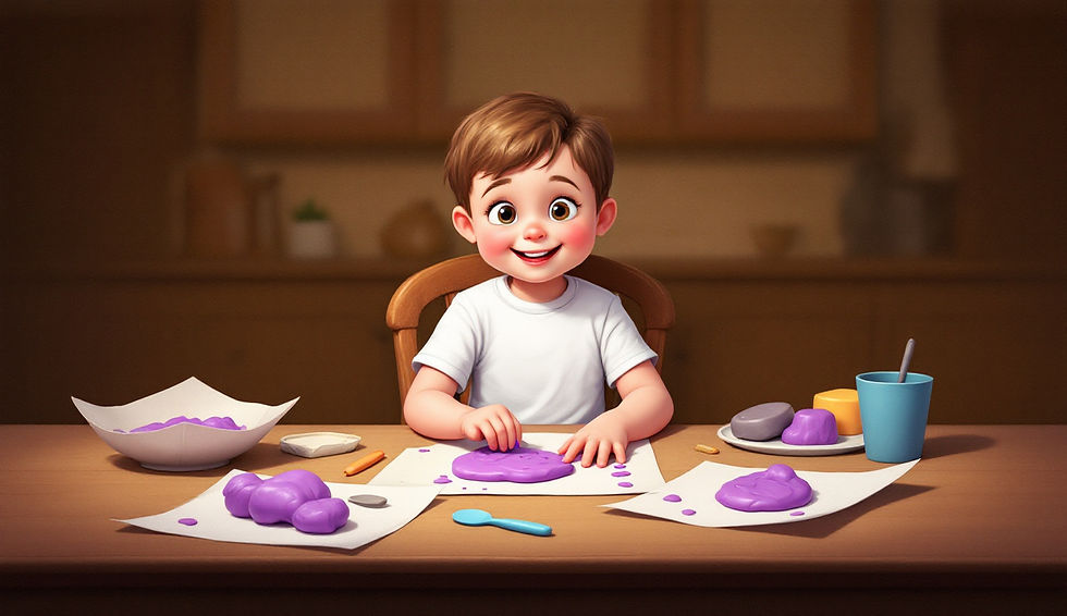 Menino com camiseta branca sentado à mesa, moldando massa roxa e sorrindo