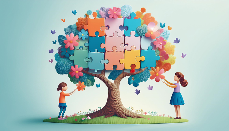 Ilustração 3D de uma árvore com folhas formadas por peças coloridas de quebra-cabeça e flores, simbolizando os benefícios da Terapia ABA. Duas crianças interagem com a árvore, segurando flores, enquanto borboletas voam ao redor. A imagem reflete crescimento, aprendizado e desenvolvimento em um fundo azul pastel.