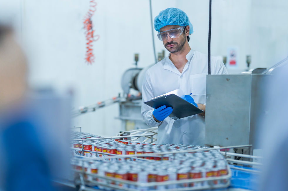 Consultor técnico realizando inspeção de qualidade em linha de produção de enlatados, garantindo a consultoria sanitária na indústria alimentícia.