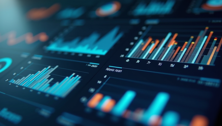 Visão aérea de dashboard digital com gráficos de desempenho empresarial