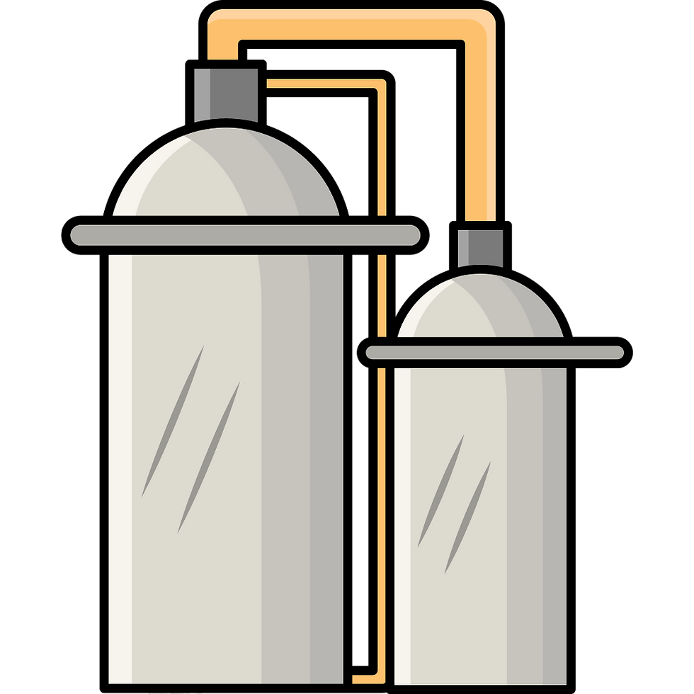 Ilustração de tanques industriais conectados usados no processo de rerrefino de óleo lubrificante.