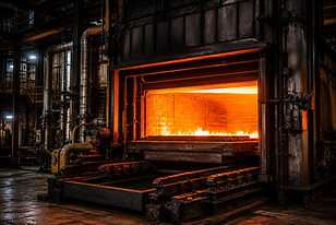 Forno industrial de alta temperatura utilizado em processos térmicos com combustão de óleo BPF em ambiente industrial.