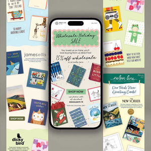 A phone screen depicting an email campaign, with other examples of email campaigns behind it. The email campaign content includes greeting card brands under Nelson Line and encourages consumers to shop.