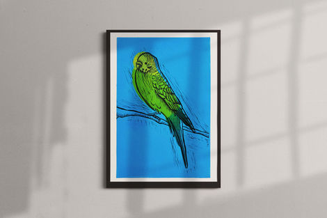 A linoleum carved print of a parakeet using multiple blocks. The parakeet is printed with a yellow, green, and teal solid base in one layer, and then a black linear top layer. The yellow and green parakeet print is on a blue background.