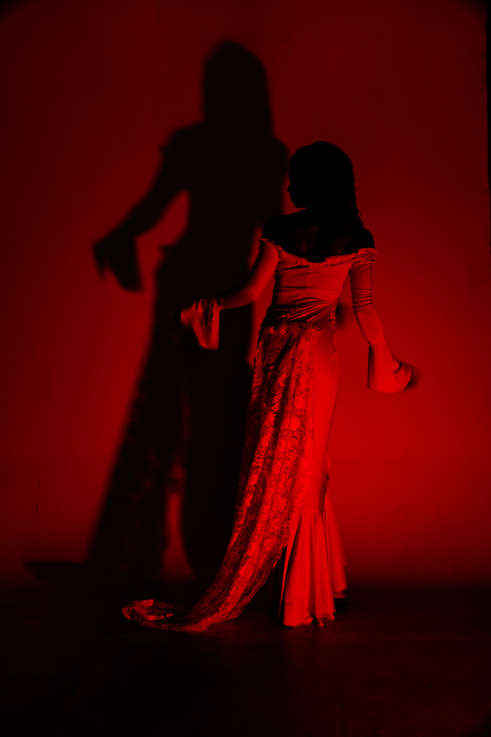 Woman in red dress with shadow, Metamorphosis- WNTR '25 Debut Show stage lighting