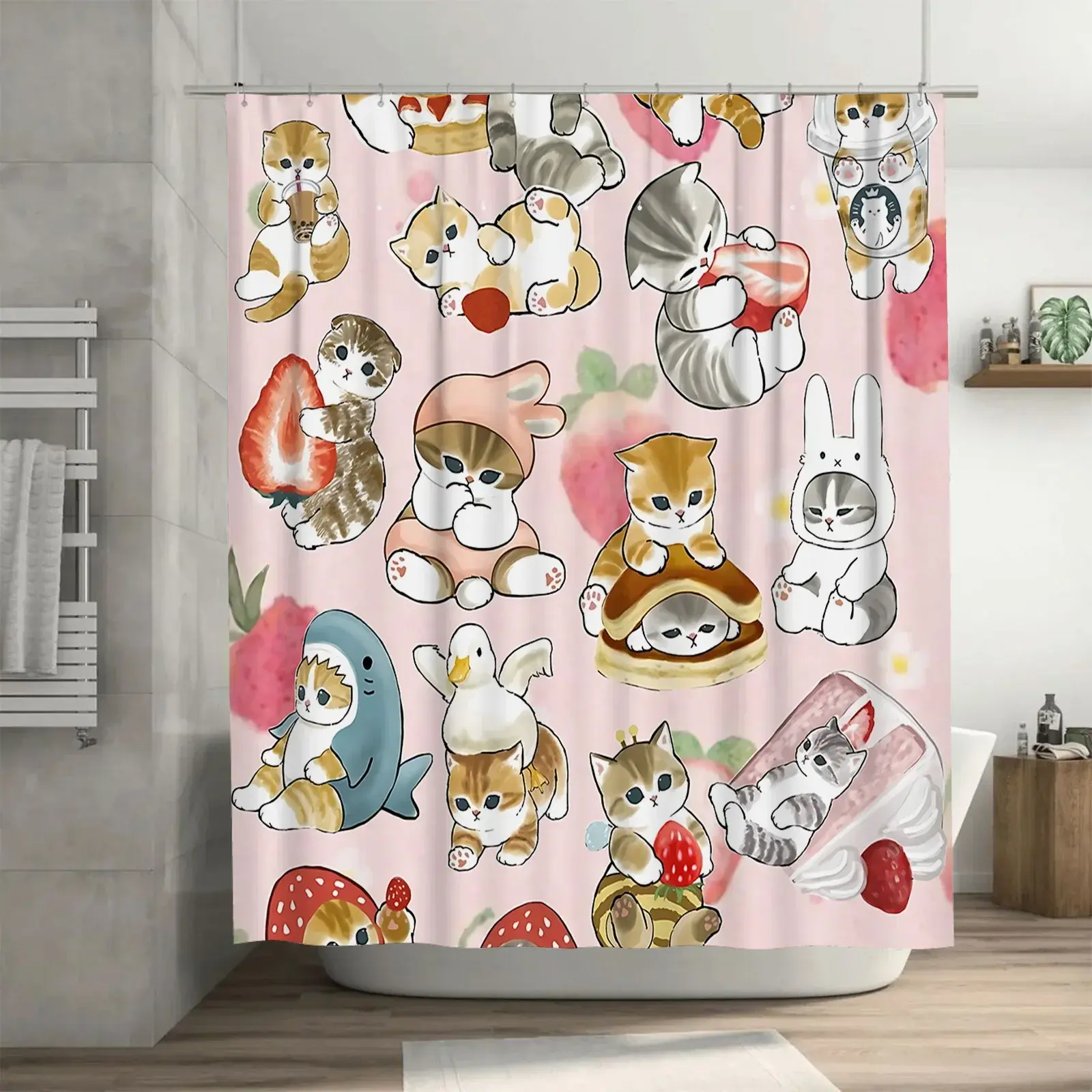 Adorable Kitten Shower Curtain Around Stand-Alone Tub (Modern Minimalist Bathroom)