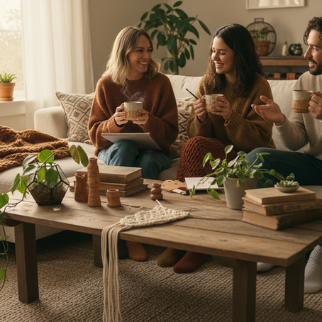 Three people sharing ideas over mugs in a warm cozy living room — AquaSoul community feel