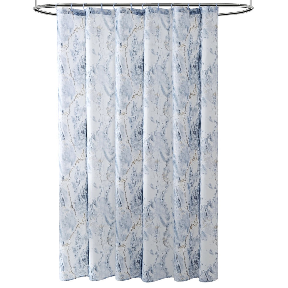 Blue and white marble shower curtain looks elegant on a stand-alone shower