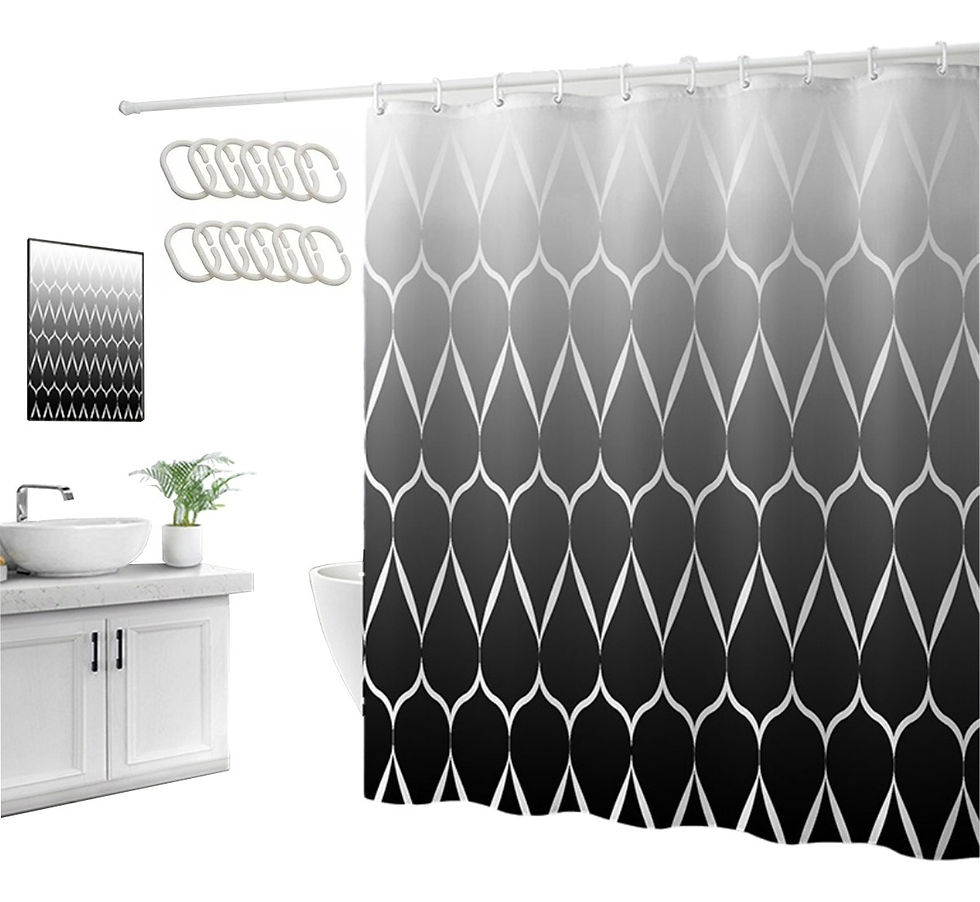 Waterproof Grey to Black Gradient Shower Curtain with 12 C-hooks in a minimalist bathroom