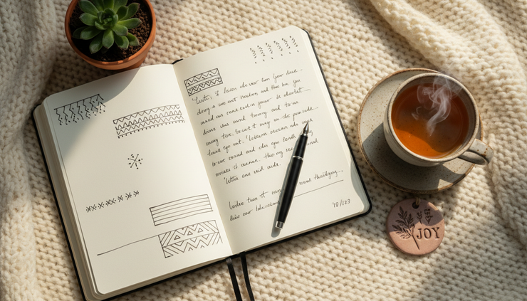 Overhead view of an open journal with a pen, tea, small plant, and handmade gift tag on a soft cloth.