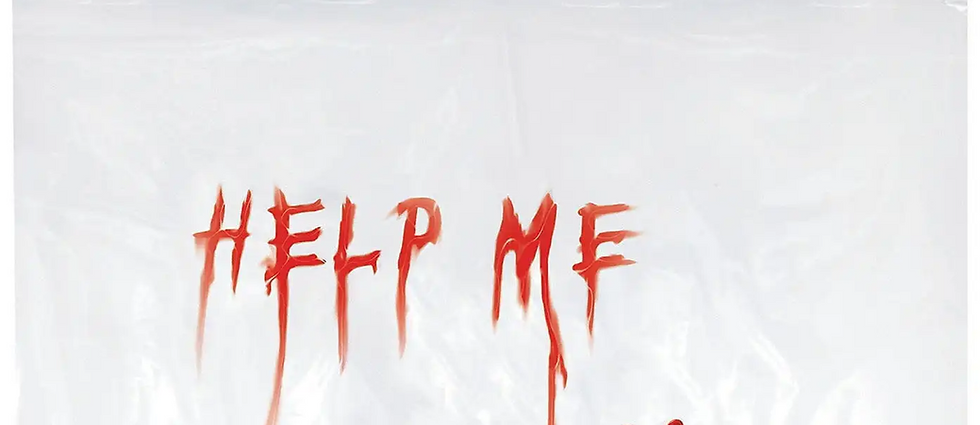 Dripping red "Help me" printed design on a spooky fun shower curtain
