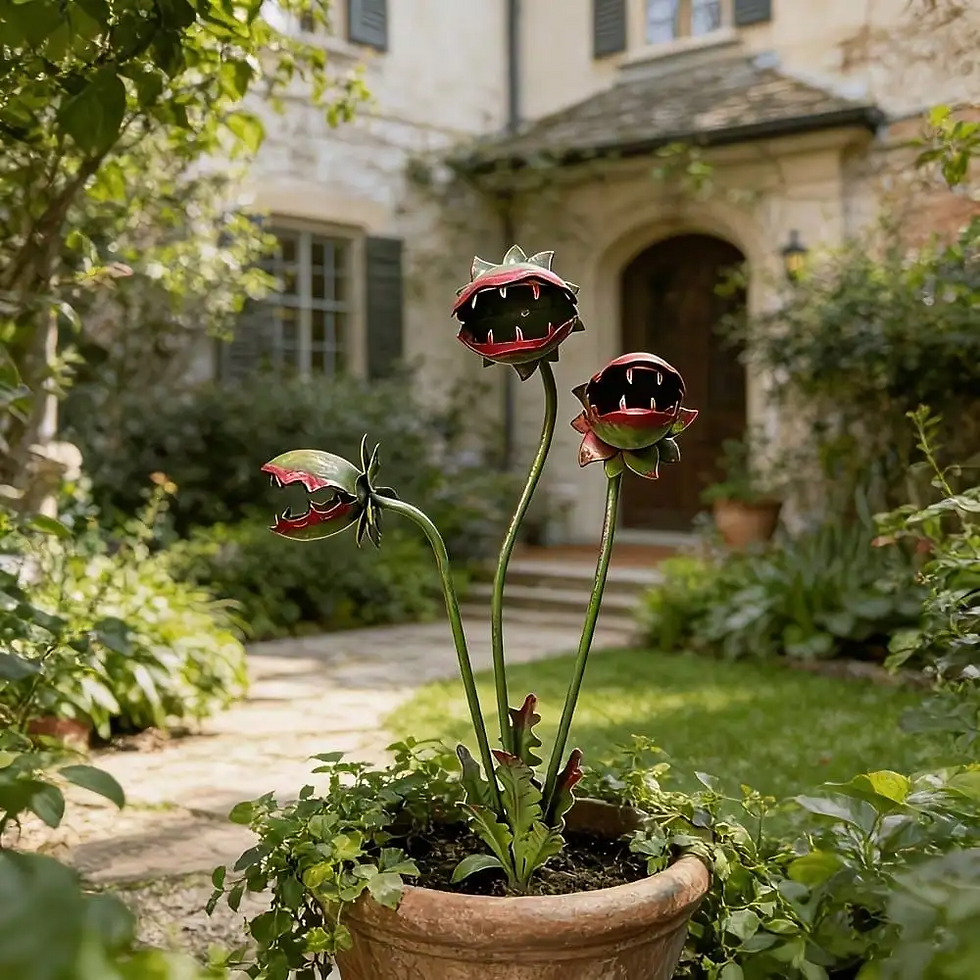 Thumbnail: Painted Metal Carnivorous Flower Garden Stake 3 Flower Heads displayed beside brick manor garden path in terracotta pot