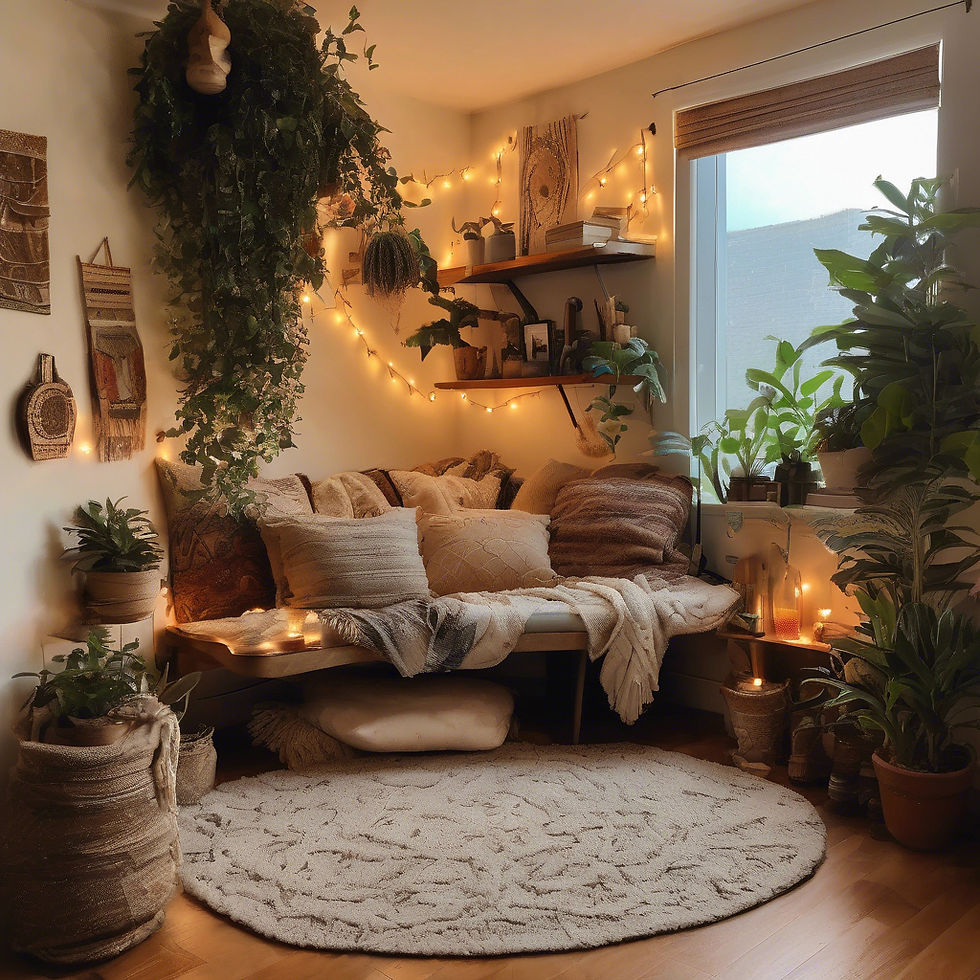 A cozy reading nook with layered plants, warm lights, and cultural décor pieces.