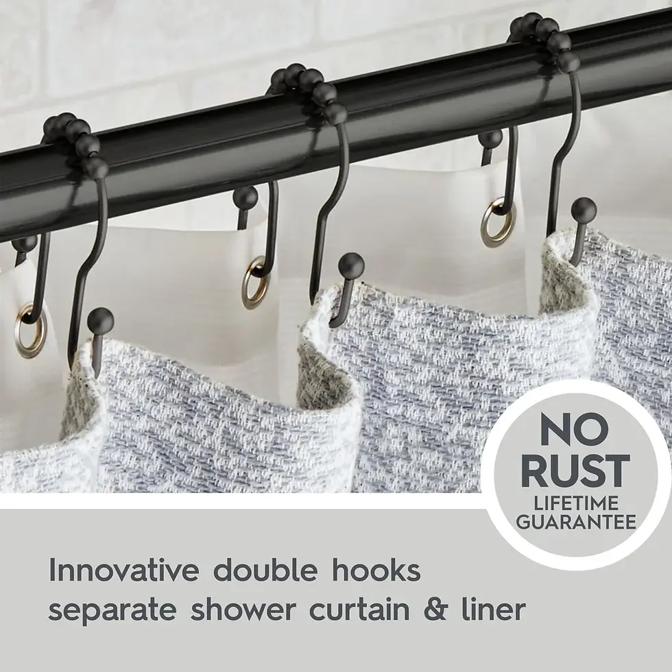 Thumbnail: 12pcs Double Shower Curtain Hooks w/ Rollerballs – Black - no rust - lifetime guarantee